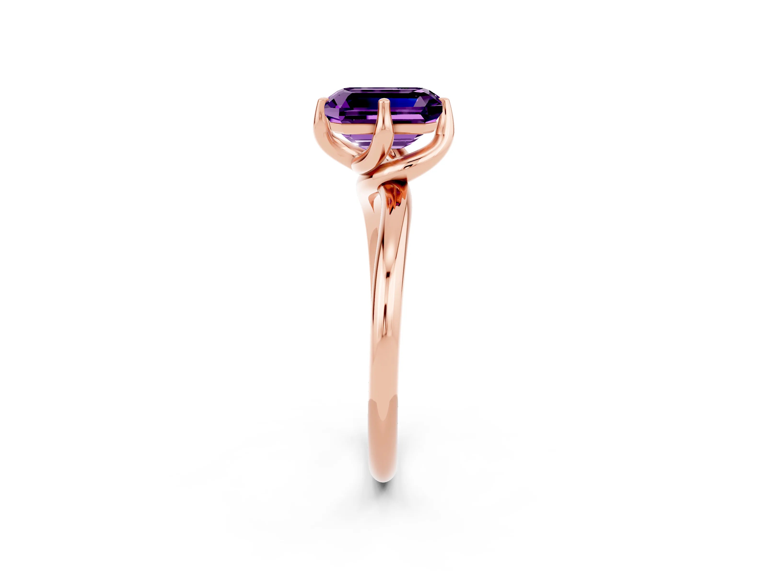 Rose gold Emerald Cut Amethyst Solitaire Engagement Ring with Four-Prong Setting and Classic Band_14