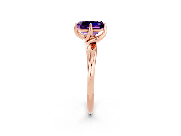 Rose gold Emerald Cut Amethyst Solitaire Engagement Ring with Four-Prong Setting and Classic Band
