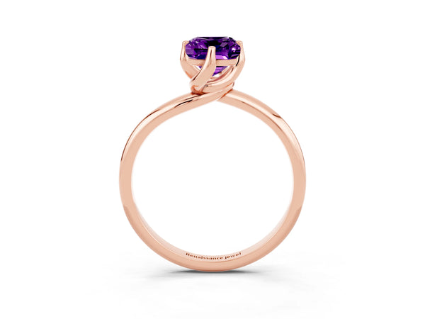 Rose gold Emerald Cut Amethyst Solitaire Engagement Ring with Four-Prong Setting and Classic Band