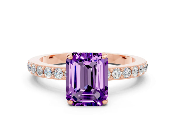 Rose gold Emerald Cut Amethyst Solitaire Engagement Ring with Pavé Band and Four-Prong Setting