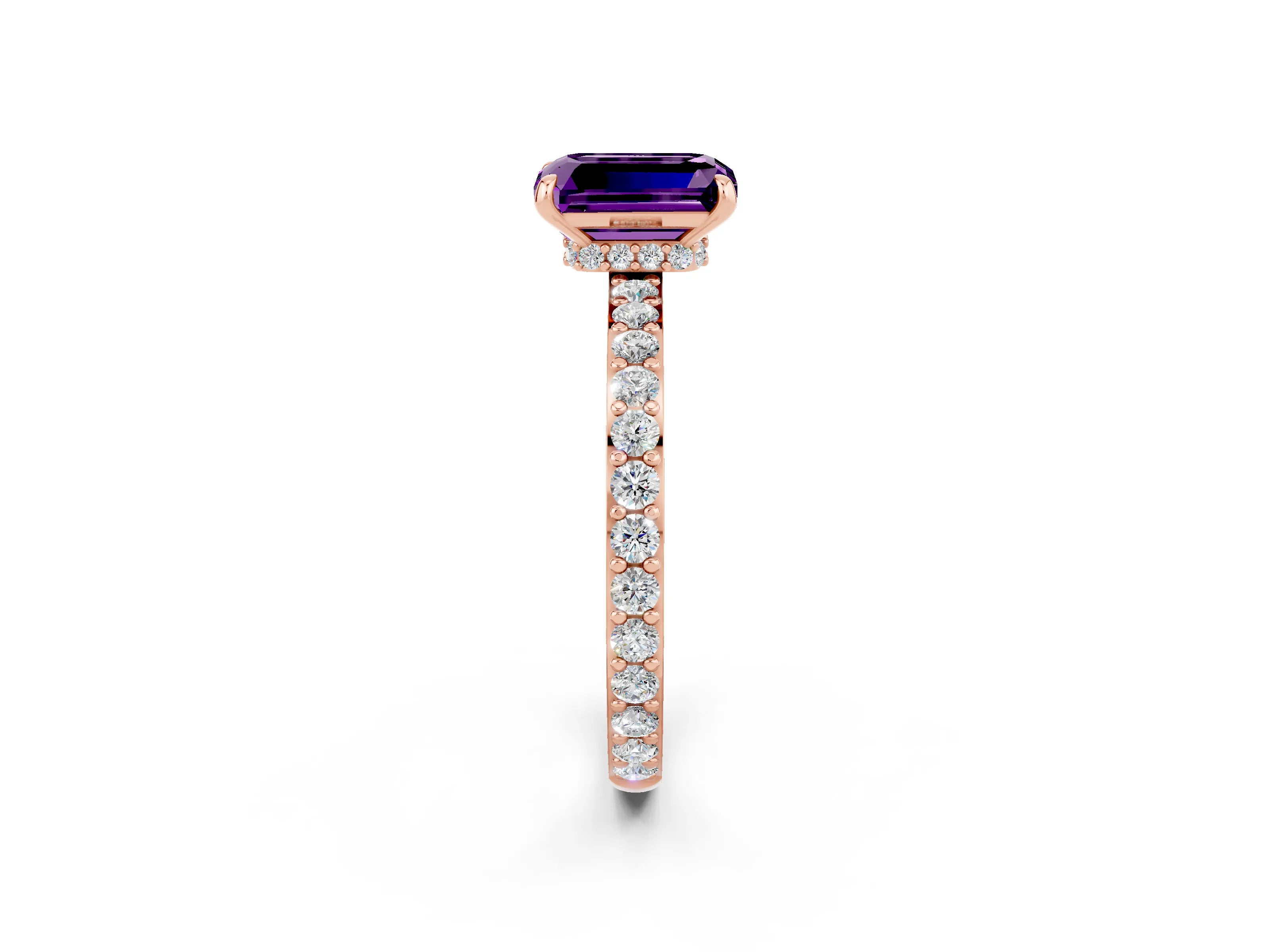 Rose gold Emerald Cut Amethyst Solitaire Engagement Ring with Pavé Band and Four-Prong Setting_2