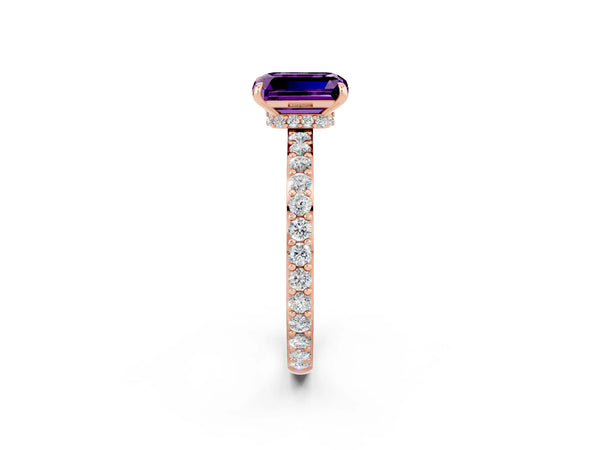 Rose gold Emerald Cut Amethyst Solitaire Engagement Ring with Pavé Band and Four-Prong Setting