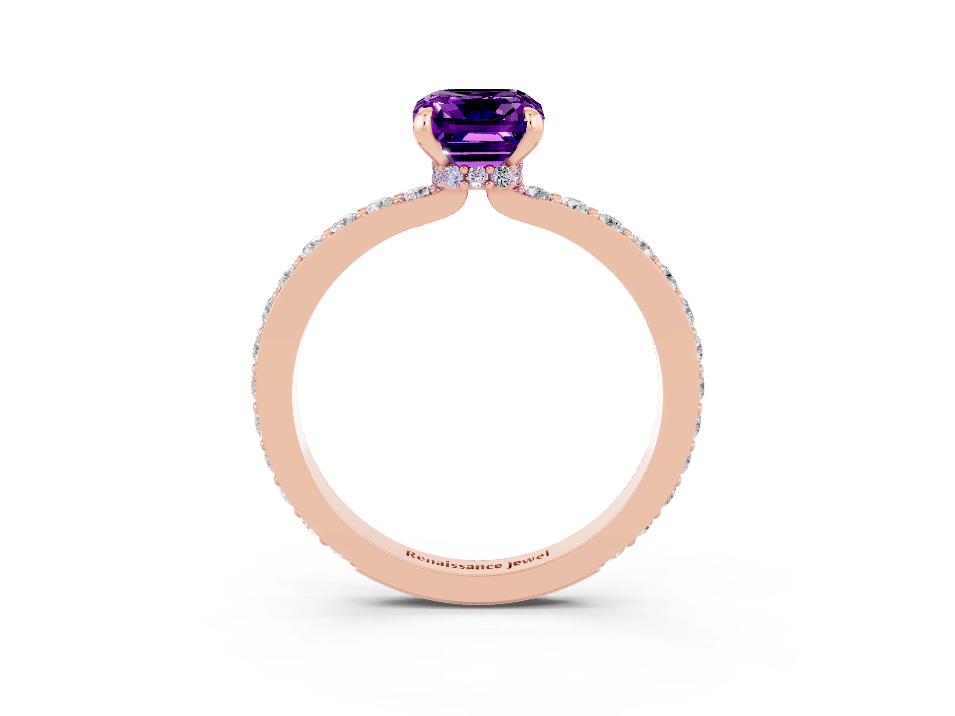 Rose gold Emerald Cut Amethyst Solitaire Engagement Ring with Pavé Band and Four-Prong Setting_3