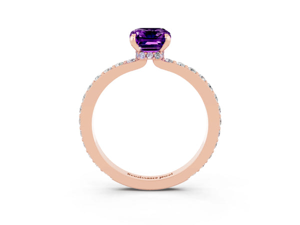 Rose gold Emerald Cut Amethyst Solitaire Engagement Ring with Pavé Band and Four-Prong Setting