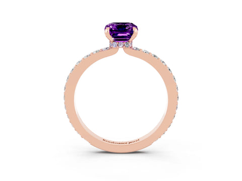 Rose gold Emerald Cut Amethyst Solitaire Engagement Ring with Pavé Band and Four-Prong Setting_3