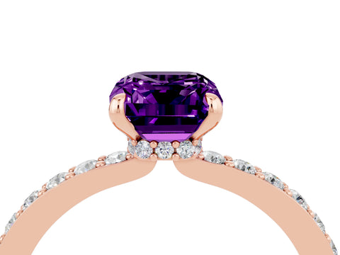 Rose gold Emerald Cut Amethyst Solitaire Engagement Ring with Pavé Band and Four-Prong Setting_4