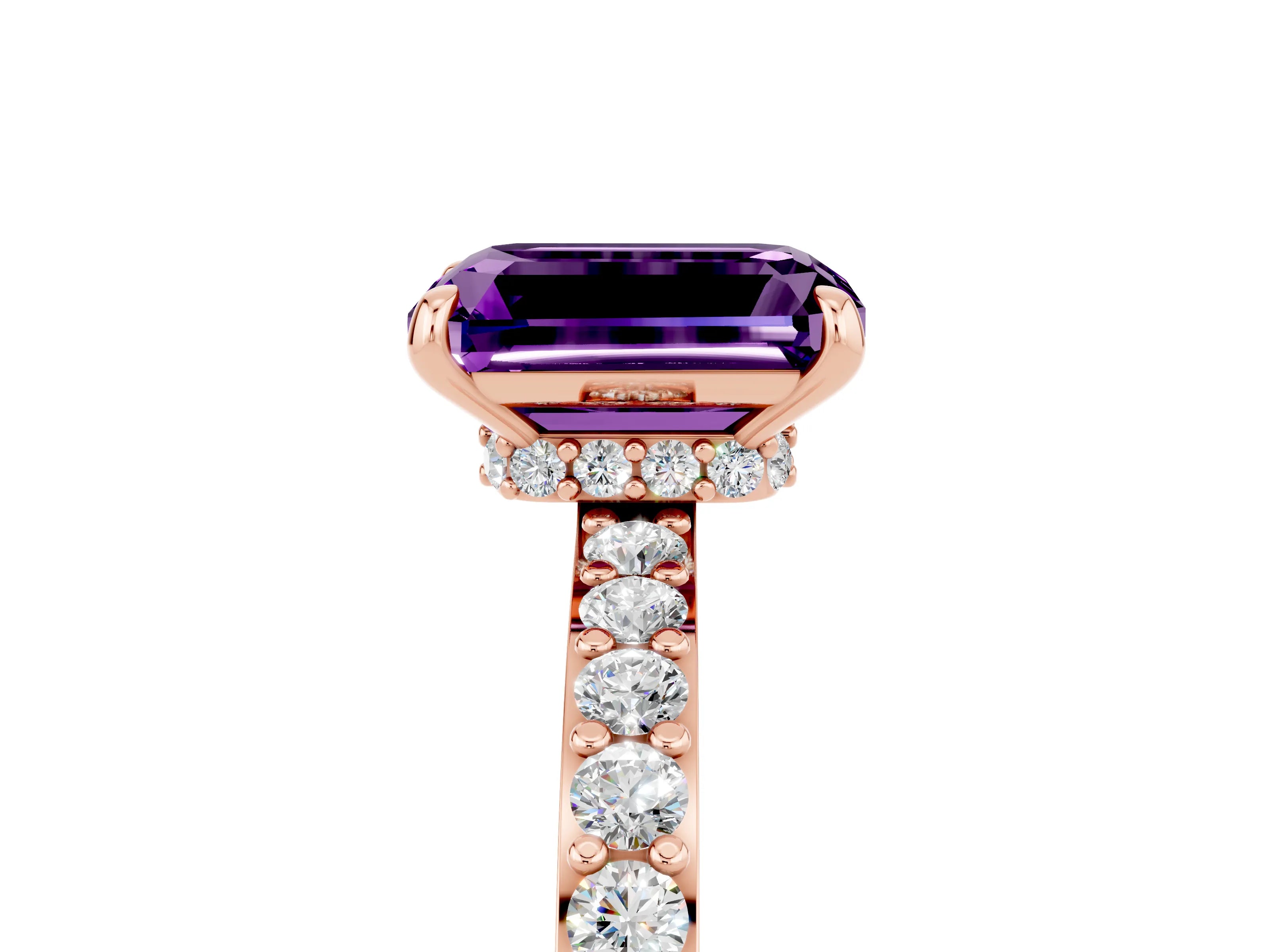 Rose gold Emerald Cut Amethyst Solitaire Engagement Ring with Pavé Band and Four-Prong Setting_5