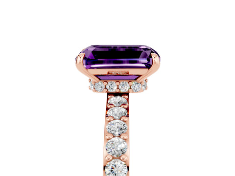 Rose gold Emerald Cut Amethyst Solitaire Engagement Ring with Pavé Band and Four-Prong Setting_5