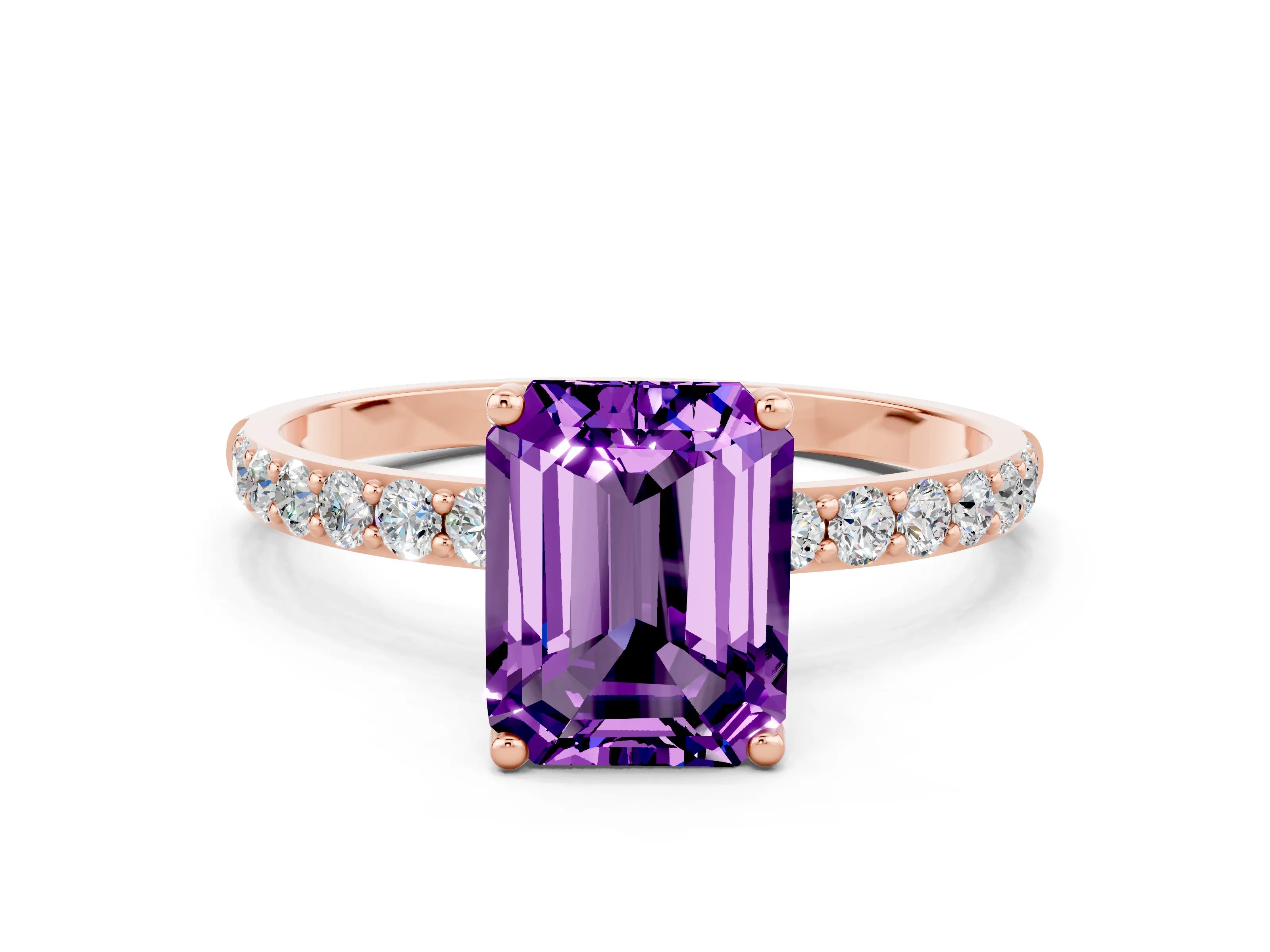 Rose gold Emerald Cut Amethyst Solitaire Engagement Ring with Pavé Band and Prong Setting