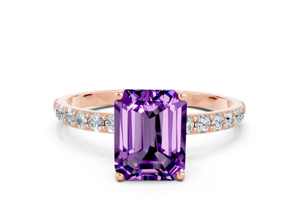 Rose gold Emerald Cut Amethyst Solitaire Engagement Ring with Round  Pavé Band and Prong Setting