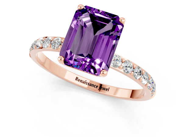 Rose gold Emerald Cut Amethyst Solitaire Engagement Ring with Round  Pavé Band and Prong Setting