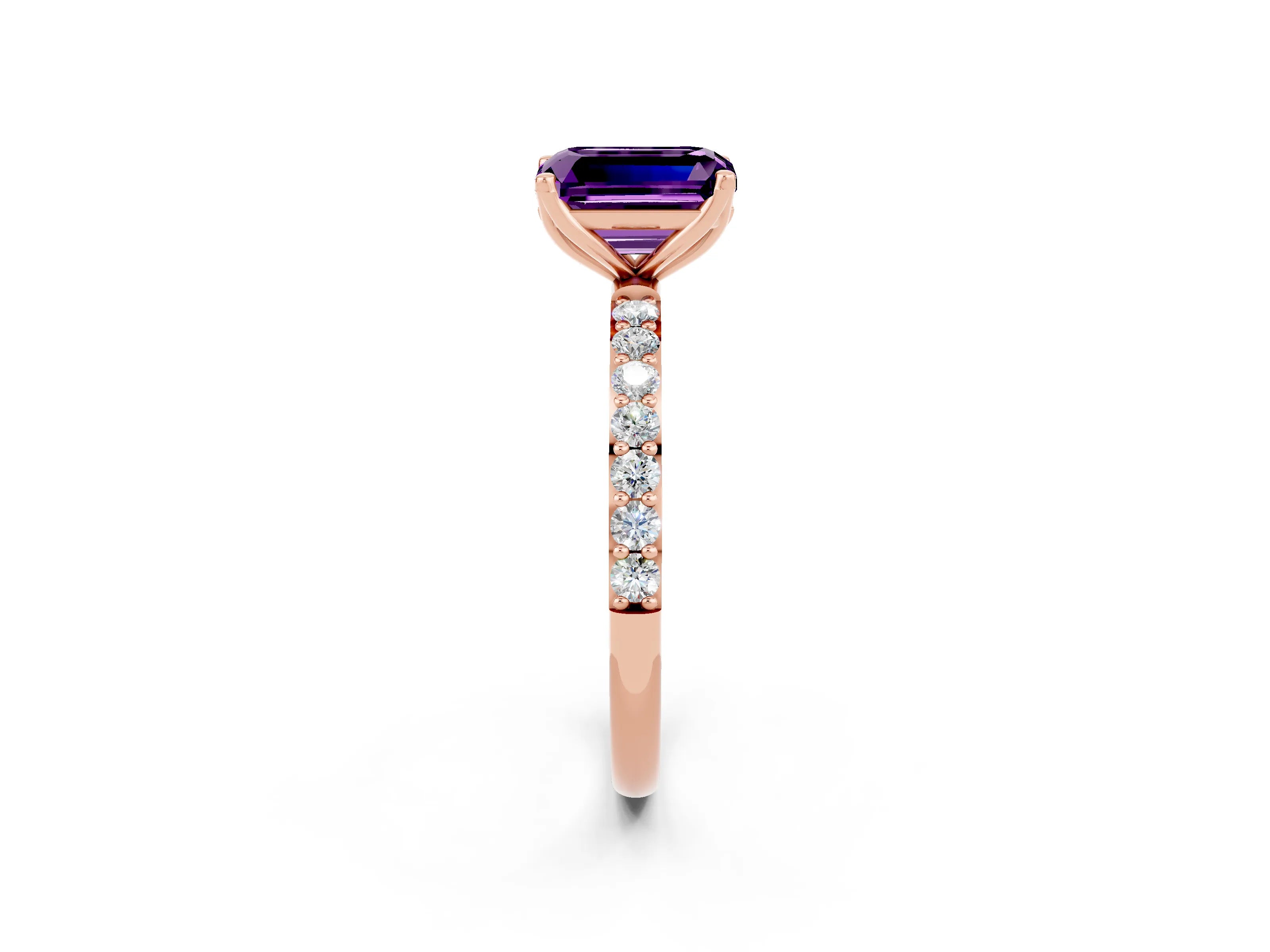 Rose gold Emerald Cut Amethyst Solitaire Engagement Ring with Pavé Band and Prong Setting_2