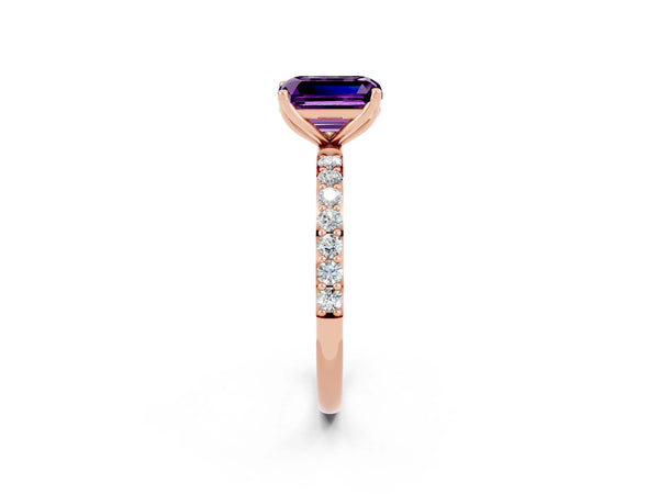 Rose gold Emerald Cut Amethyst Solitaire Engagement Ring with Round  Pavé Band and Prong Setting