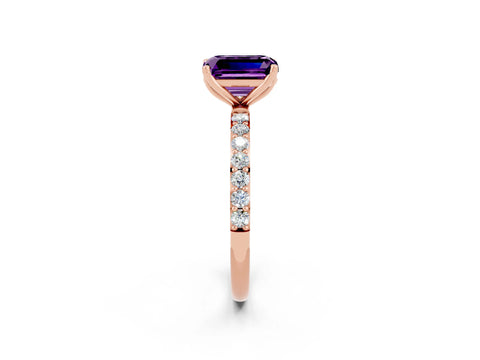 Rose gold Emerald Cut Amethyst Solitaire Engagement Ring with Pavé Band and Prong Setting_2