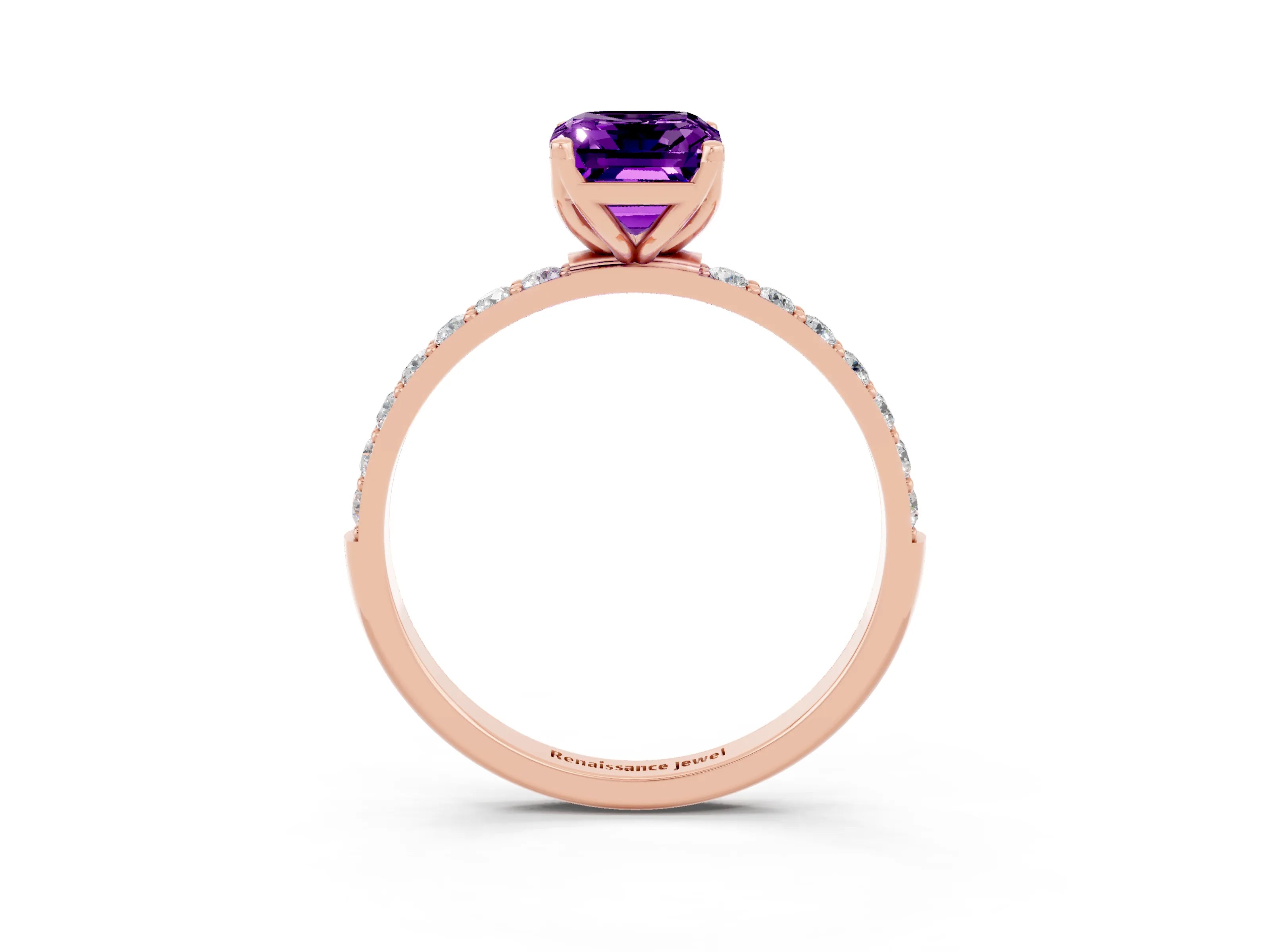 Rose gold Emerald Cut Amethyst Solitaire Engagement Ring with Pavé Band and Prong Setting_3