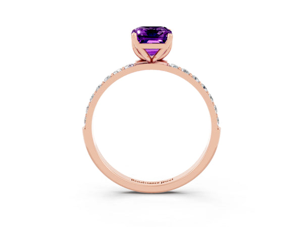 Rose gold Emerald Cut Amethyst Solitaire Engagement Ring with Round  Pavé Band and Prong Setting