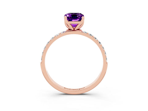 Rose gold Emerald Cut Amethyst Solitaire Engagement Ring with Pavé Band and Prong Setting_3