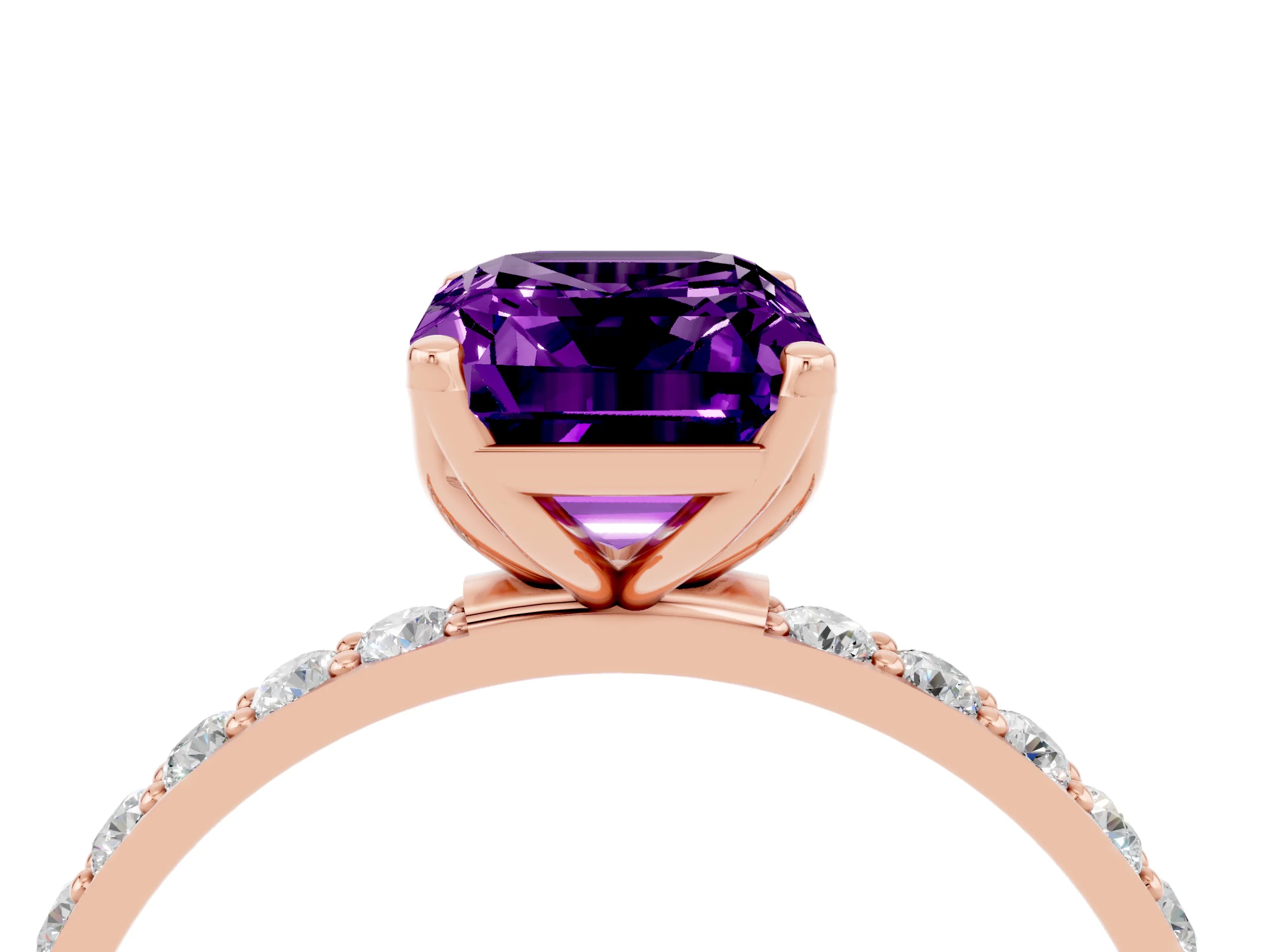 Rose gold Emerald Cut Amethyst Solitaire Engagement Ring with Pavé Band and Prong Setting_4