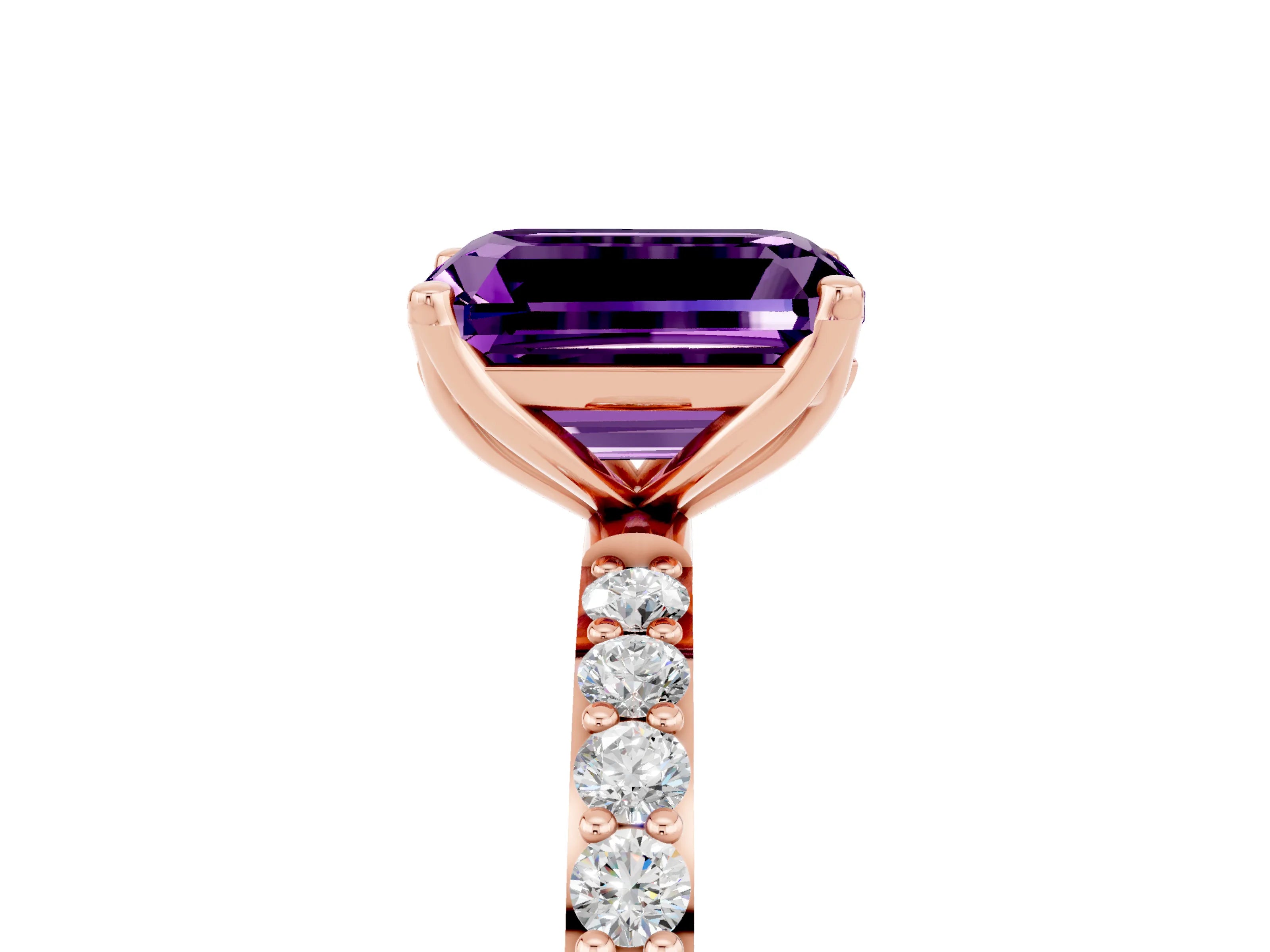 Rose gold Emerald Cut Amethyst Solitaire Engagement Ring with Pavé Band and Prong Setting_5