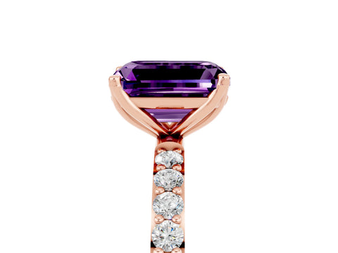 Rose gold Emerald Cut Amethyst Solitaire Engagement Ring with Pavé Band and Prong Setting_5