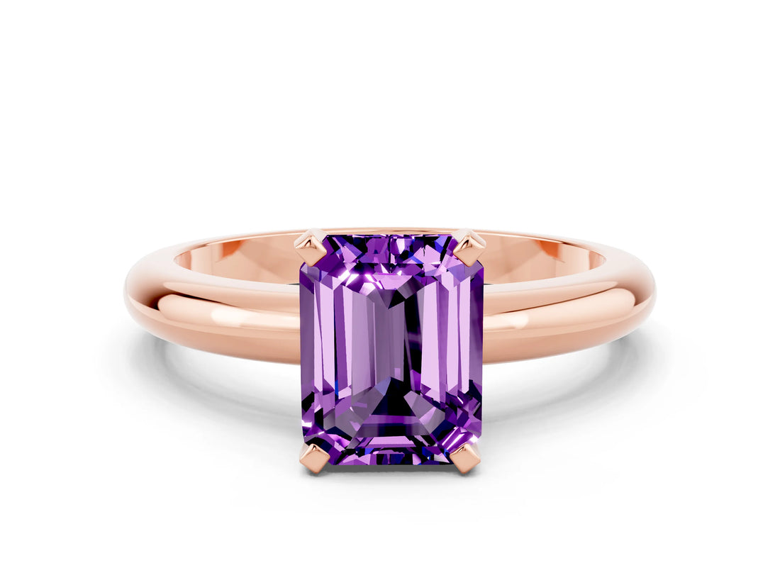 Rose gold Emerald Cut Amethyst Solitaire Engagement Ring with Round Band and Four-Prong Setting