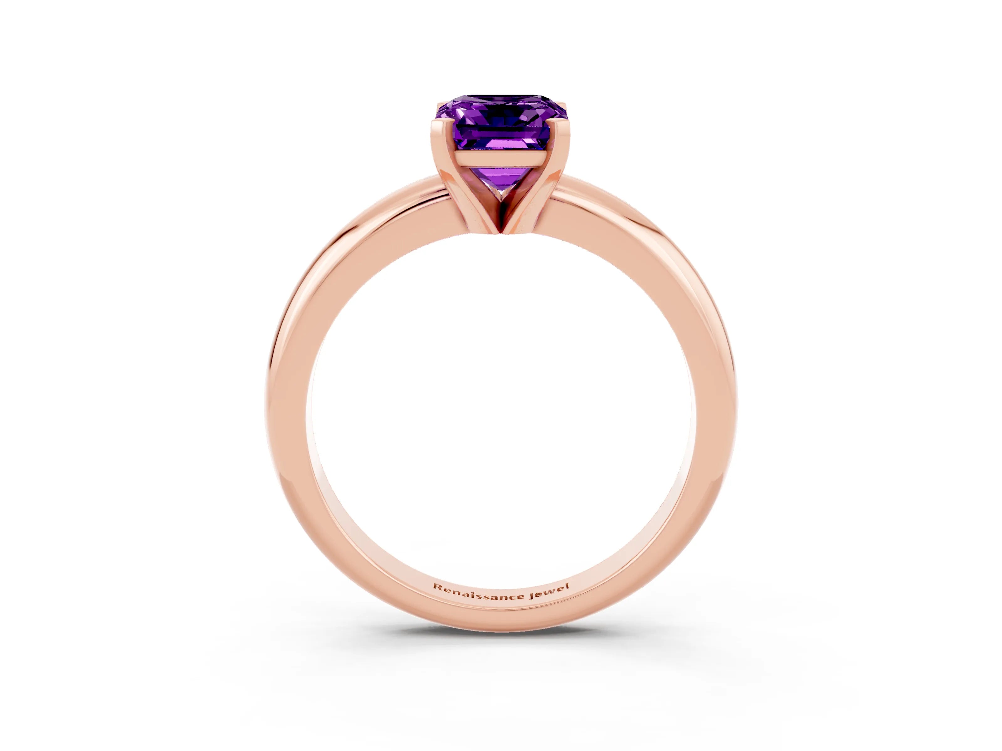 Rose gold Emerald Cut Amethyst Solitaire Engagement Ring with Round Band and Four-Prong Setting_3
