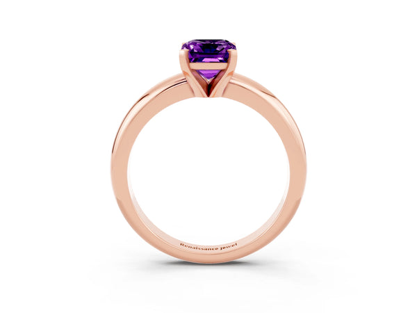 Rose gold Emerald Cut Amethyst Solitaire Engagement Ring with Round Band and Four-Prong Setting