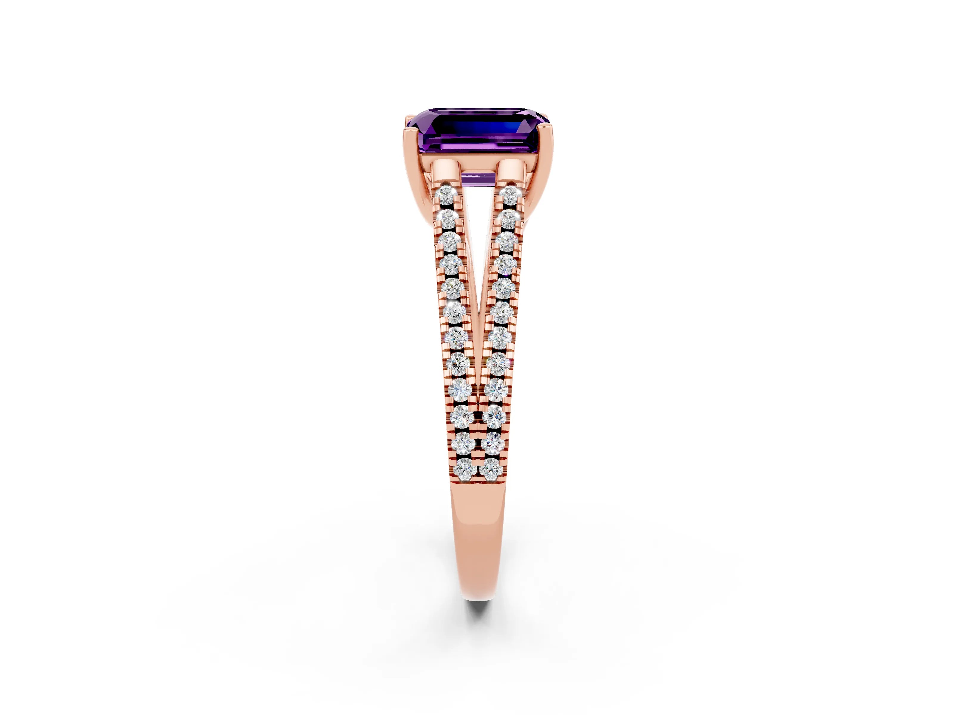 Rose gold Emerald Cut Amethyst Solitaire Engagement Ring with Split Shank Pavé Band_2