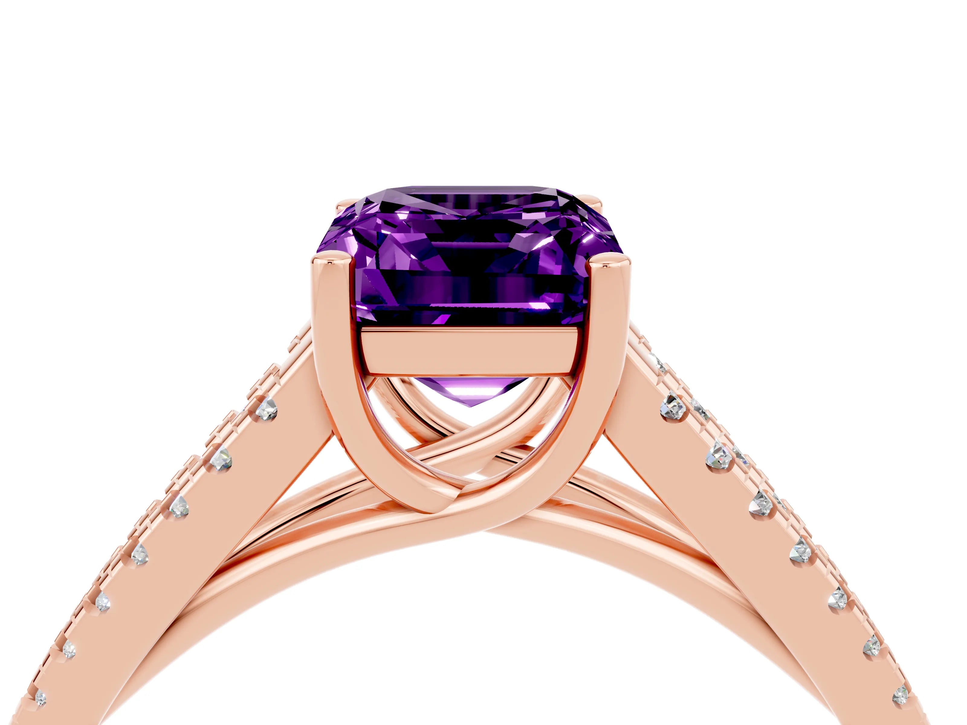 Rose gold Emerald Cut Amethyst Solitaire Engagement Ring with Split Shank Pavé Band_4