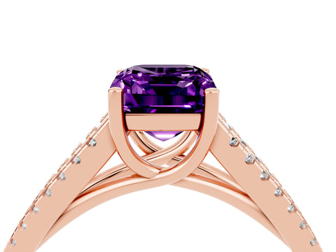 Rose gold Emerald Cut Amethyst Solitaire Engagement Ring with Split Shank Pavé Band_4