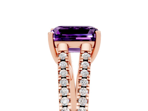 Rose gold Emerald Cut Amethyst Solitaire Engagement Ring with Split Shank Pavé Band_5