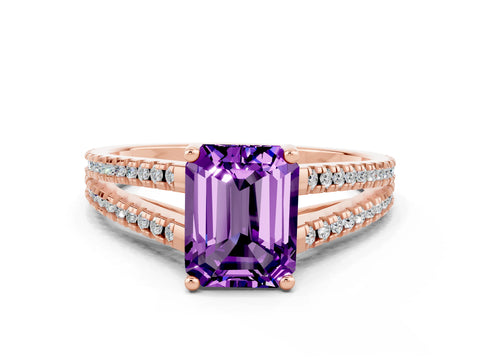 Rose gold Emerald Cut Amethyst Solitaire Engagement Ring with Split Shank Pavé Band