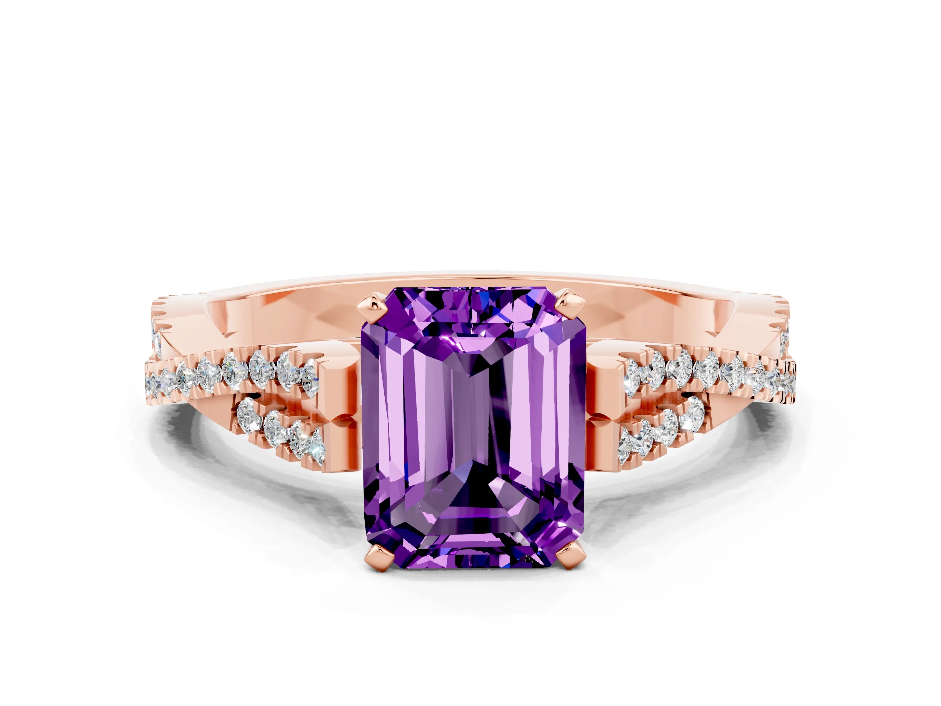 Rose gold Emerald Cut Amethyst Solitaire Engagement Ring with Twisted Pavé Band and Four-Prong Setting