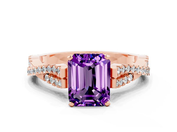 Rose gold Emerald Cut Amethyst Solitaire Engagement Ring with Twisted Pavé Band and Four-Prong Setting