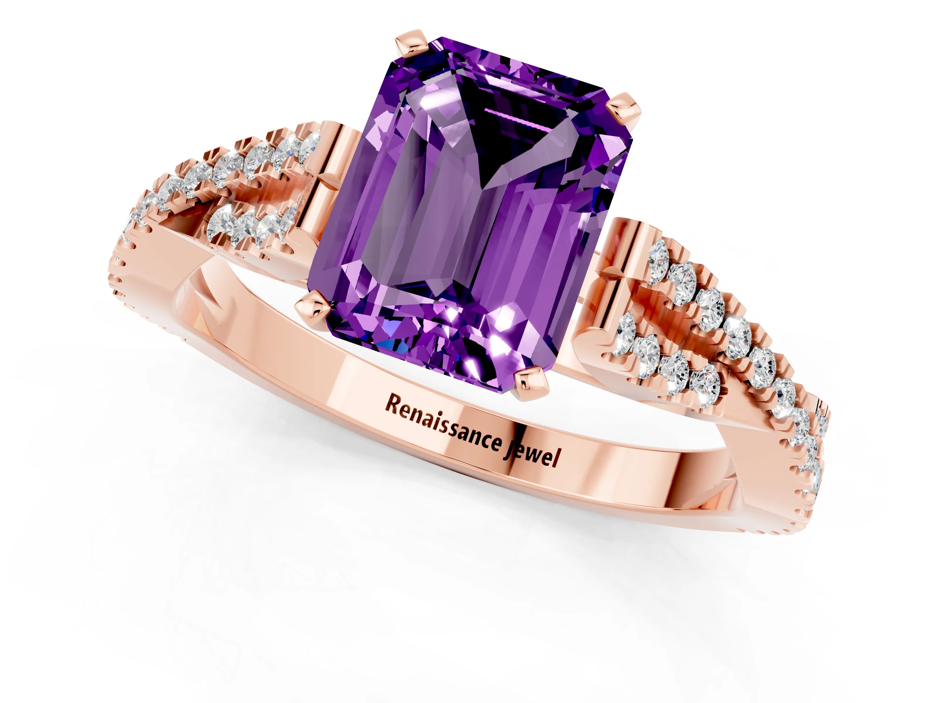 Rose gold Emerald Cut Amethyst Solitaire Engagement Ring with Twisted Pavé Band and Four-Prong Setting_1