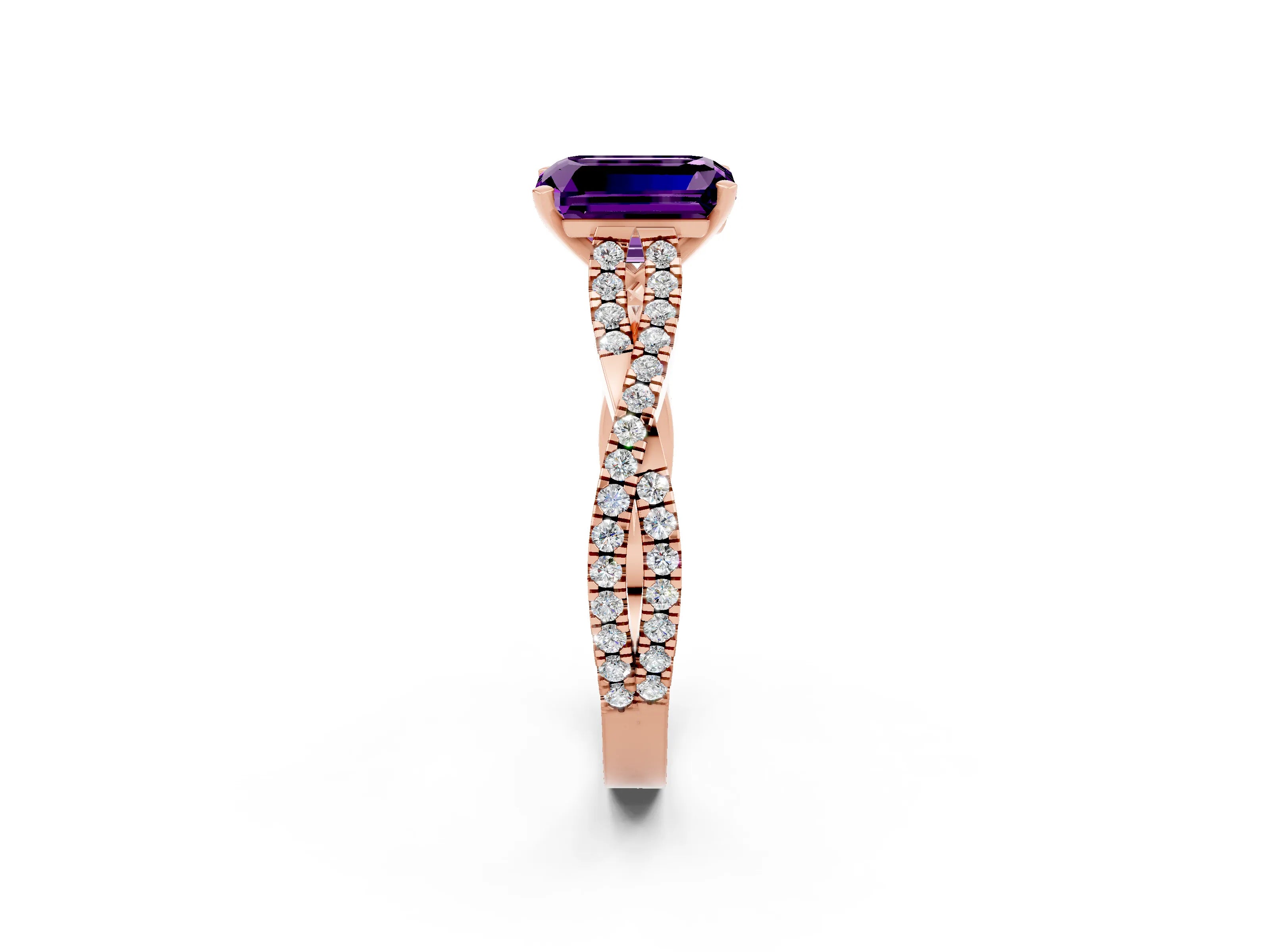 Rose gold Emerald Cut Amethyst Solitaire Engagement Ring with Twisted Pavé Band and Four-Prong Setting_2