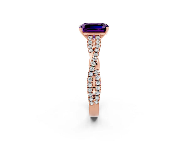 Rose gold Emerald Cut Amethyst Solitaire Engagement Ring with Twisted Pavé Band and Four-Prong Setting