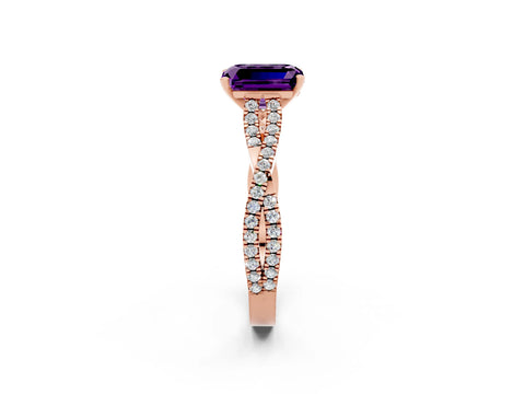 Rose gold Emerald Cut Amethyst Solitaire Engagement Ring with Twisted Pavé Band and Four-Prong Setting_2