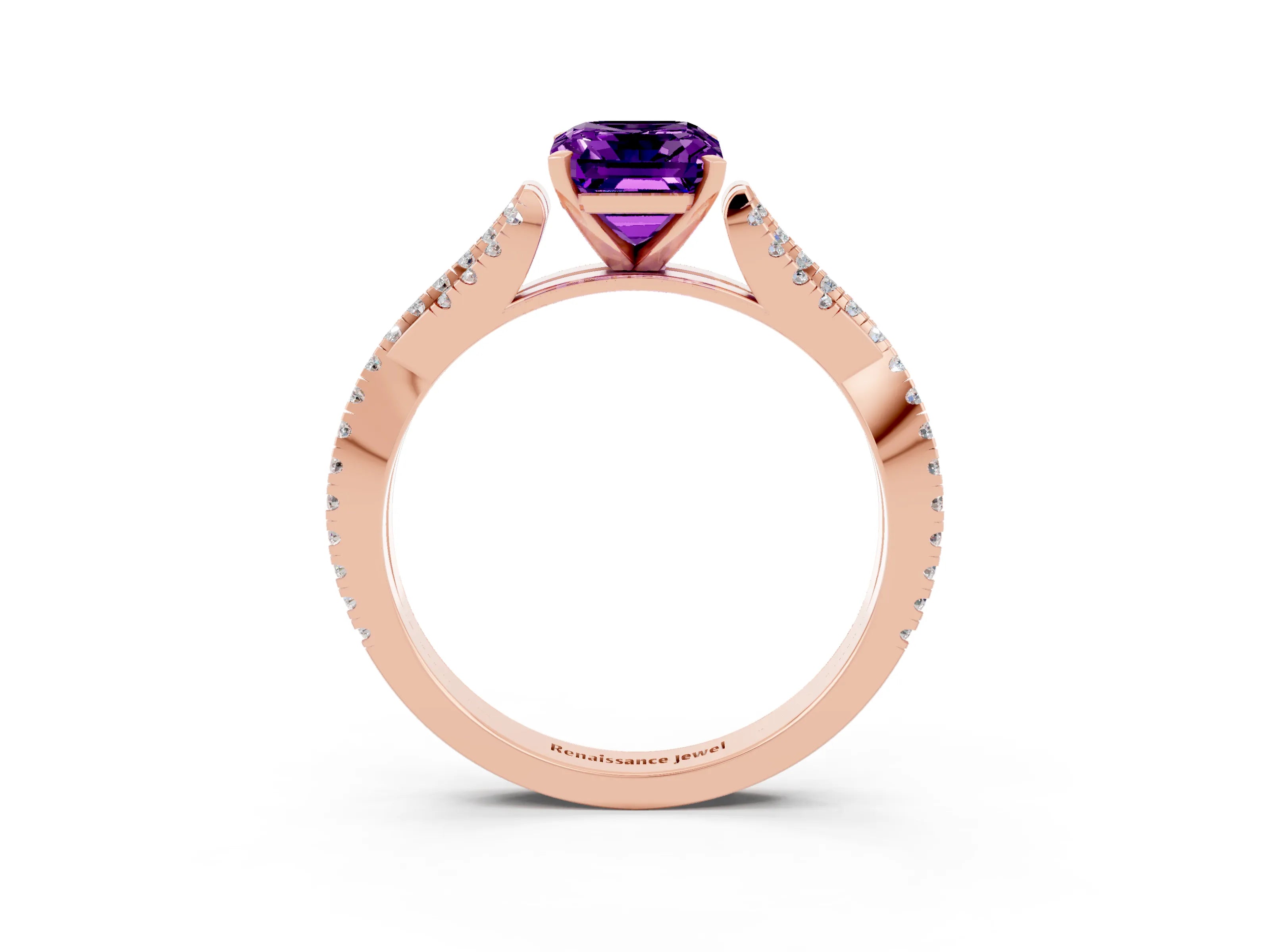 Rose gold Emerald Cut Amethyst Solitaire Engagement Ring with Twisted Pavé Band and Four-Prong Setting_3