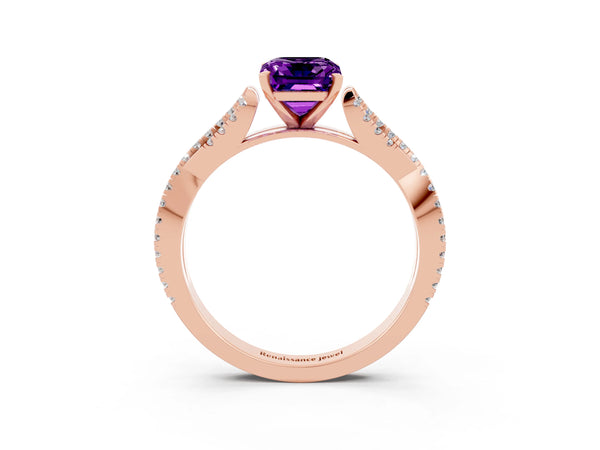 Rose gold Emerald Cut Amethyst Solitaire Engagement Ring with Twisted Pavé Band and Four-Prong Setting