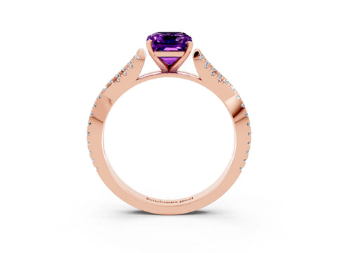 Rose gold Emerald Cut Amethyst Solitaire Engagement Ring with Twisted Pavé Band and Four-Prong Setting_3