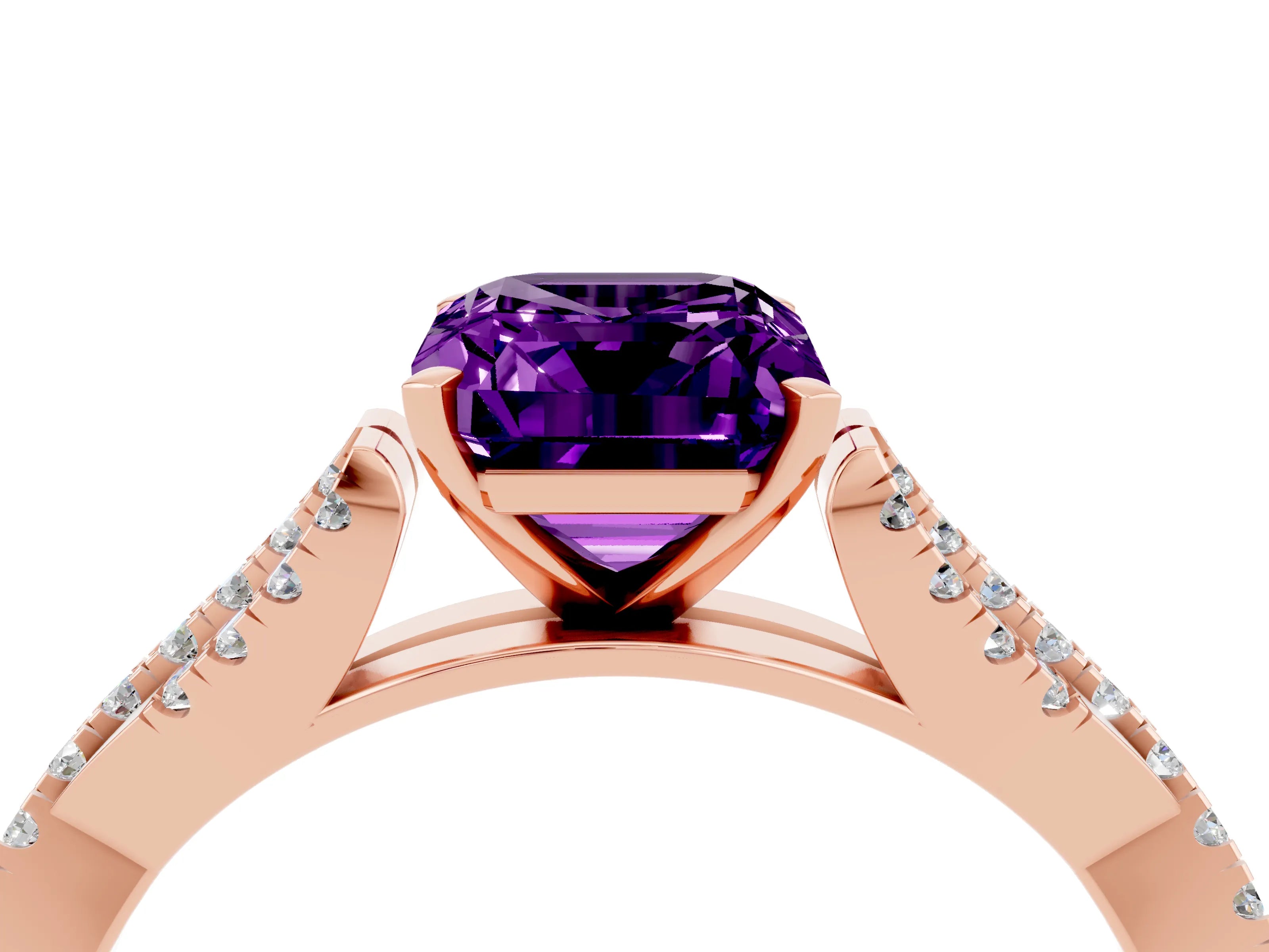 Rose gold Emerald Cut Amethyst Solitaire Engagement Ring with Twisted Pavé Band and Four-Prong Setting_4