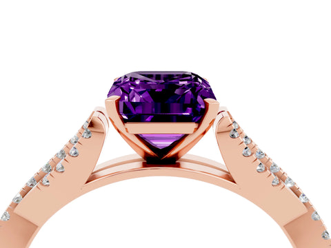 Rose gold Emerald Cut Amethyst Solitaire Engagement Ring with Twisted Pavé Band and Four-Prong Setting_4