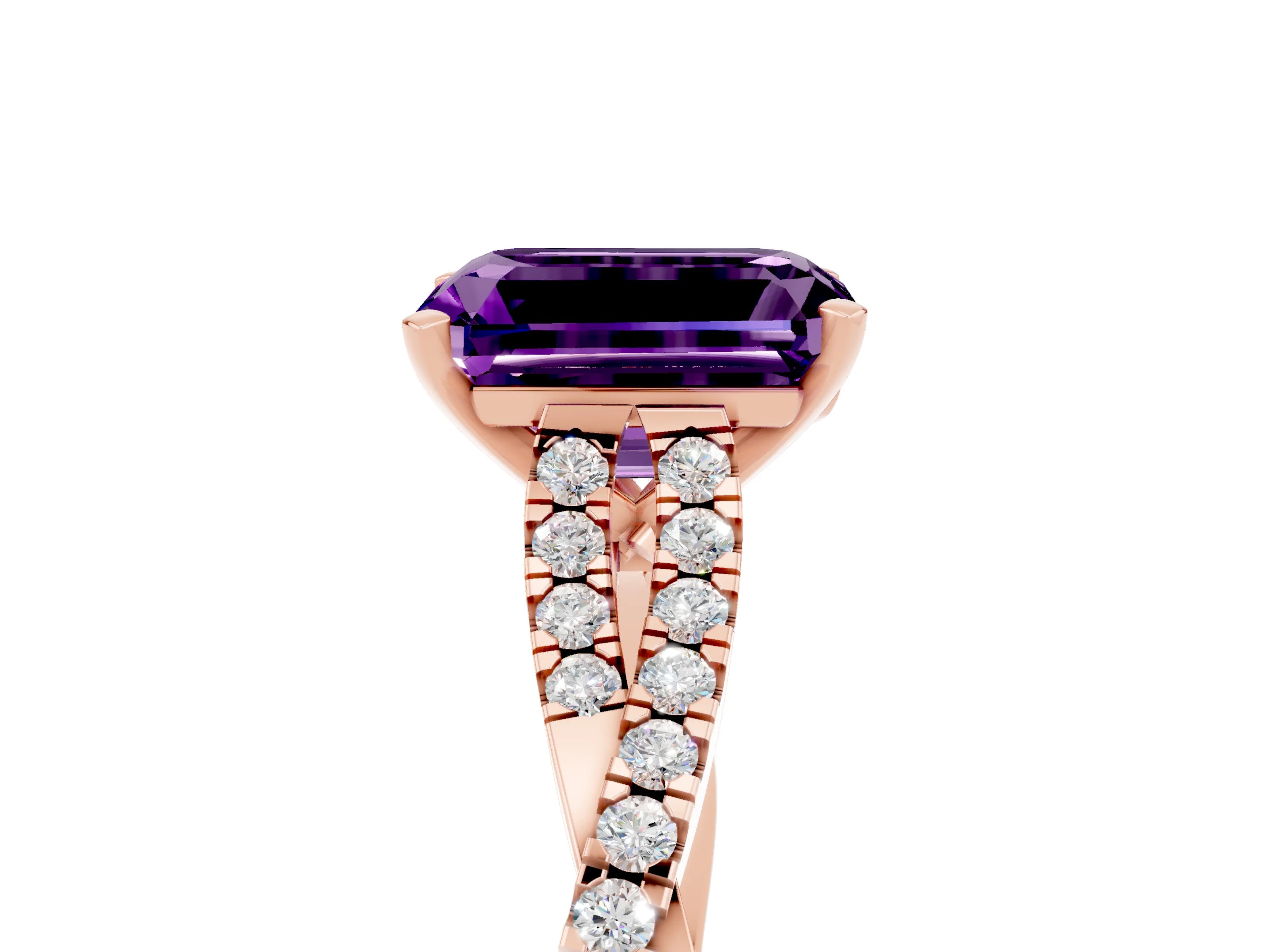 Rose gold Emerald Cut Amethyst Solitaire Engagement Ring with Twisted Pavé Band and Four-Prong Setting_5