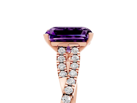 Rose gold Emerald Cut Amethyst Solitaire Engagement Ring with Twisted Pavé Band and Four-Prong Setting_5