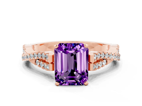 Rose gold Emerald Cut Amethyst Solitaire Engagement Ring with Twisted Pavé Band and Four-Prong Setting