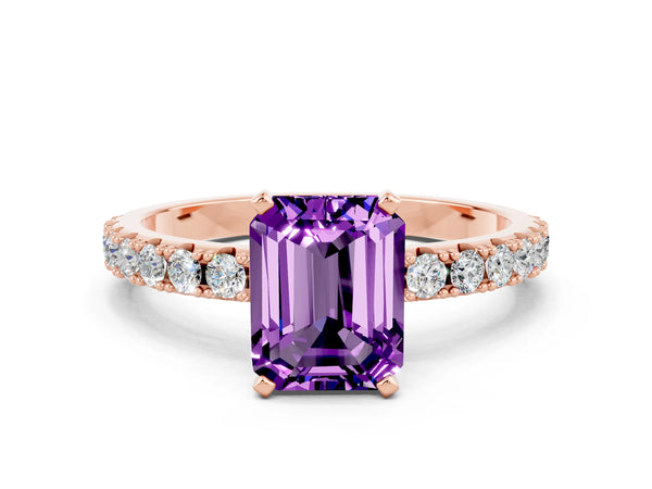 Rose gold Emerald Cut Amethyst Solitaire Pavé Band with Four-Prong Setting
