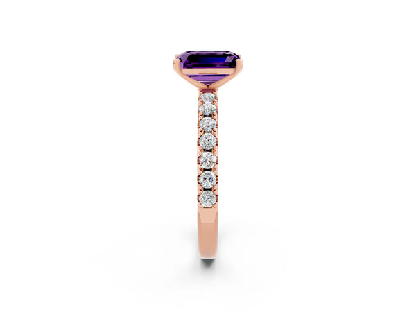 Rose gold Emerald Cut Amethyst Solitaire Pavé Band with Four-Prong Setting