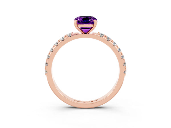 Rose gold Emerald Cut Amethyst Solitaire Pavé Band with Four-Prong Setting