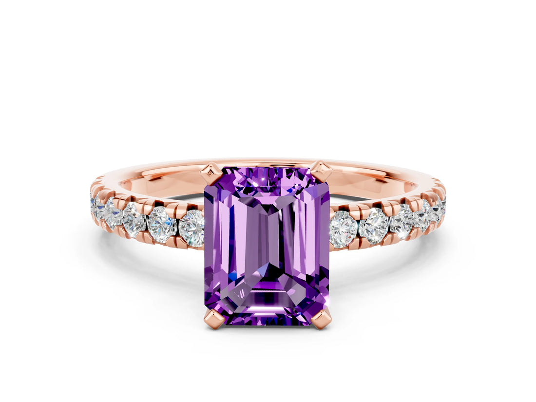 Rose gold Emerald Cut Amethyst Solitaire Pavé Engagement Ring with Round Band and Prong Setting_67
